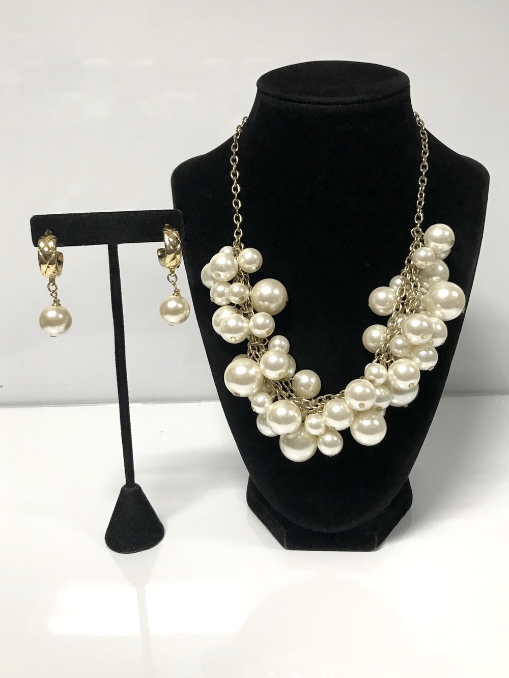 Gold-Tone & Cream Cluster Faux Pearl Necklace with Matching Drop Earrings